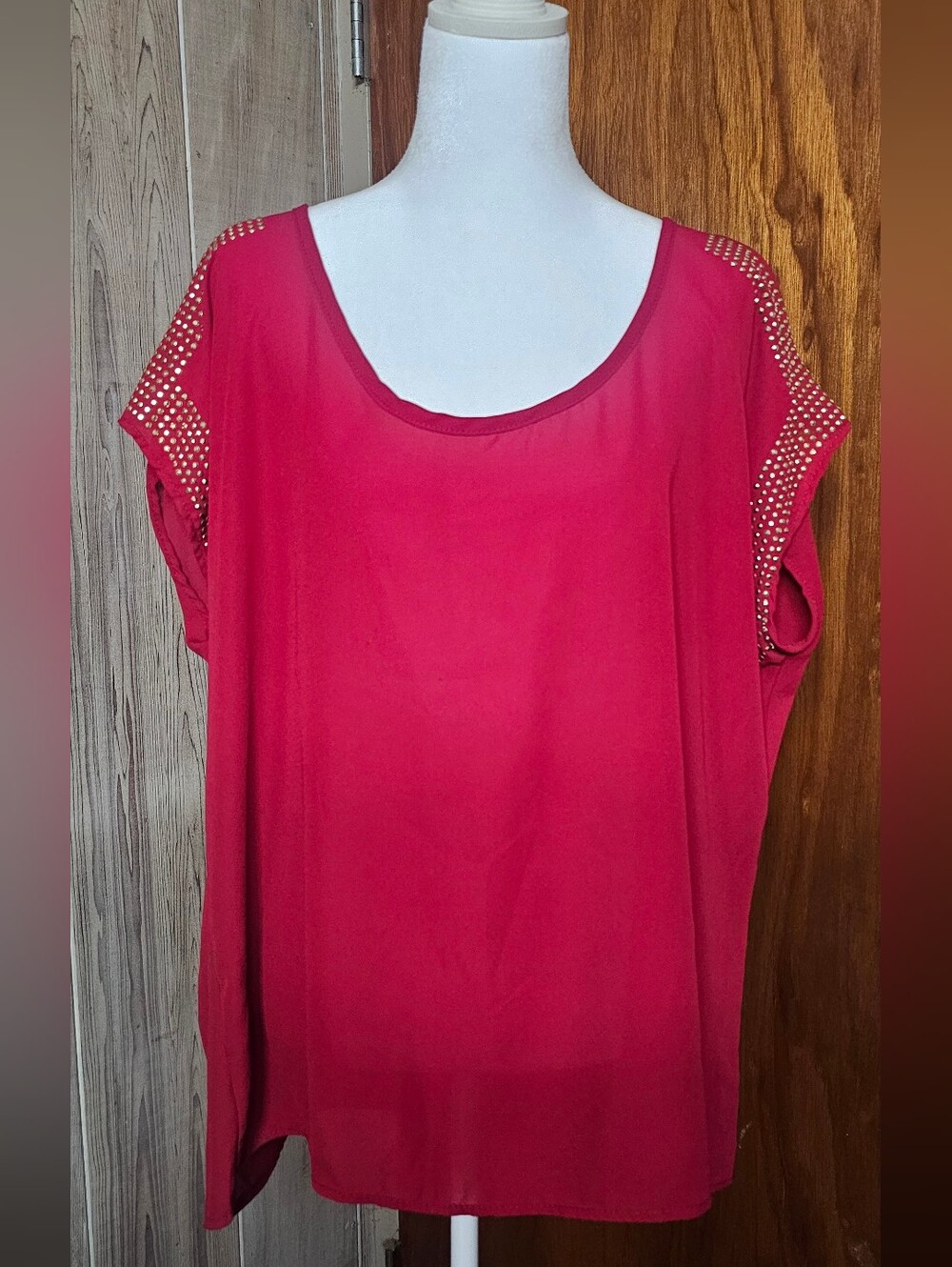 Women's Red Gold Stud-Accent Scoop Neck Chiffon Top Plus 2X